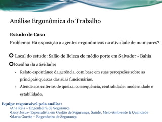 Análise Ergonômica do Trabalho

    Estudo de Caso
    Problema: Há exposição a agentes ergonômicos na atividade de manicures?


     Local do estudo: Salão de Beleza de médio porte em Salvador - Bahia
    Escolha da atividade:
          Relato espontâneo da gerência, com base em suas percepções sobre as
           principais queixas das suas funcionárias.
          Atende aos critérios de queixa, consequência, centralidade, modernidade e
           estabilidade.

Equipe responsável pela análise:
    •Ana Reis – Engenheira de Segurança
    •Lucy Jesus- Especialista em Gestão de Segurança, Saúde, Meio-Ambiente & Qualidade
    •Marta Gorete – Engenheira de Segurança
 