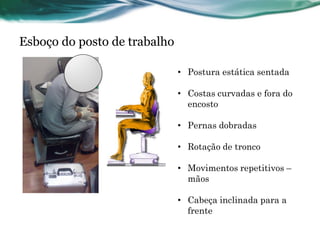 Esboço do posto de trabalho

                              • Postura estática sentada

                              • Costas curvadas e fora do
                                encosto

                              • Pernas dobradas

                              • Rotação de tronco

                              • Movimentos repetitivos –
                                mãos

                              • Cabeça inclinada para a
                                frente
 