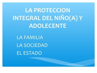 LA PROTECCION
INTEGRAL DEL NIÑO(A) Y
ADOLECENTE
LA FAMILIA
LA SOCIEDAD
EL ESTADO
 