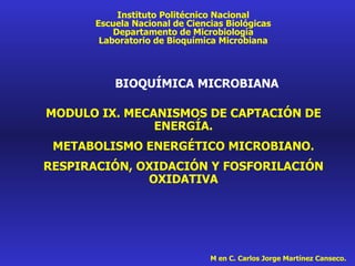 Instituto Politécnico Nacional
       Escuela Nacional de Ciencias Biológicas
           Departamento de Microbiología
        Laboratorio de Bioquímica Microbiana



           BIOQUÍMICA MICROBIANA

MODULO IX. MECANISMOS DE CAPTACIÓN DE
               ENERGÍA.
 METABOLISMO ENERGÉTICO MICROBIANO.
RESPIRACIÓN, OXIDACIÓN Y FOSFORILACIÓN
              OXIDATIVA




                                M en C. Carlos Jorge Martínez Canseco.
 