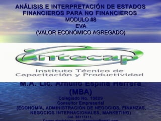 ANÁLISIS E INTERPRETACIÓN DE ESTADOS
  FINANCIEROS PARA NO FINANCIEROS
               MODULO #8
                  EVA
      (VALOR ECONÓMICO AGREGADO)




 M.A. Lic. Arnulfo Espina Herrera
              (MBA)
               Colegiado No. 10829
               Consultor Empresarial
(ECONOMÍA, ADMINISTRACIÓN DE NEGOCIOS, FINANZAS,
     NEGOCIOS INTERNACIONALES, MARKETING)
                  Cel. 55117411,
 