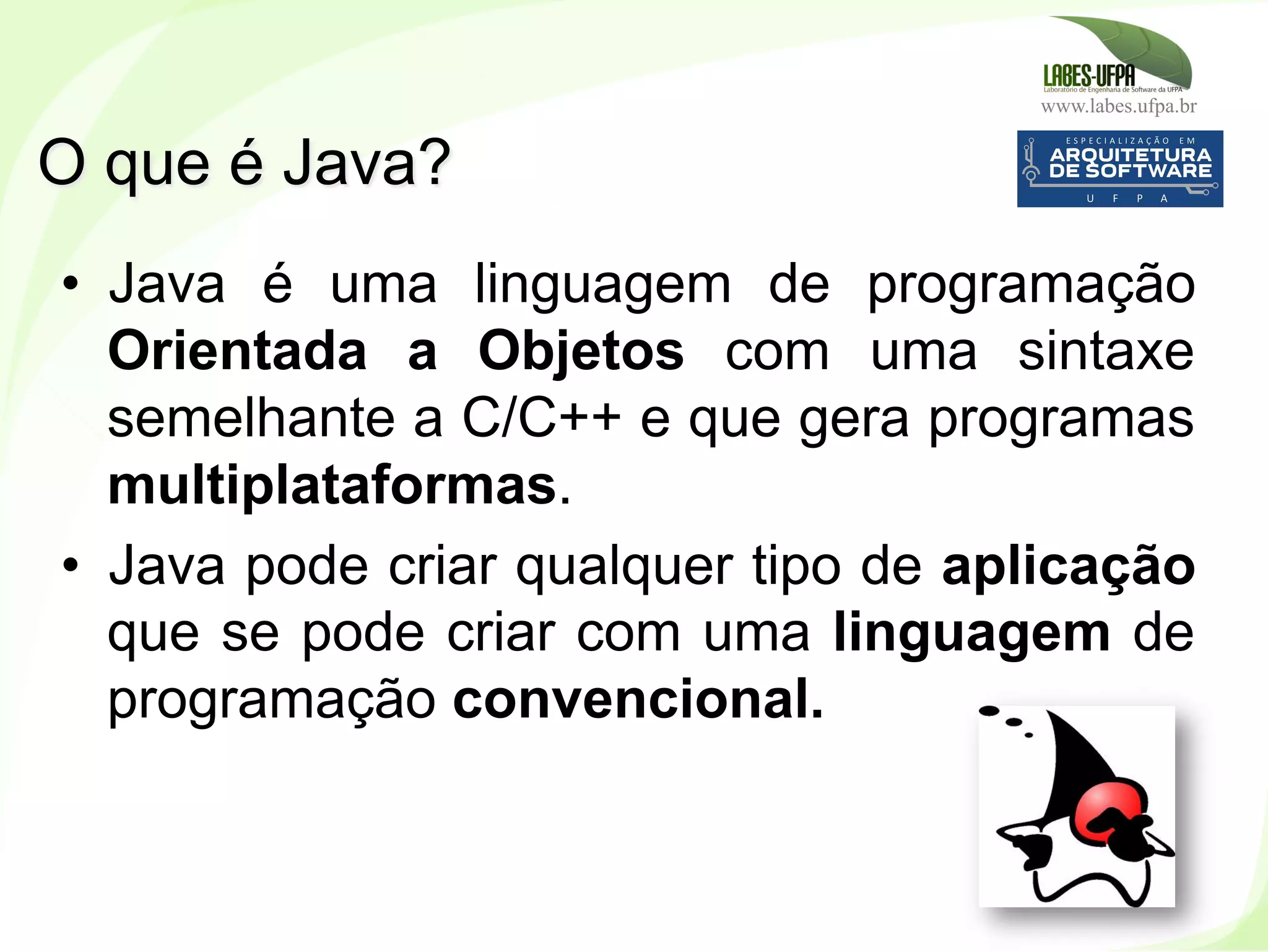 www.labes.ufpa.br
11
•  Java é uma linguagem de programação
Orientada a Objetos com uma sintaxe
semelhante a C/C++ e que gera programas
multiplataformas.
•  Java pode criar qualquer tipo de aplicação
que se pode criar com uma linguagem de
programação convencional.
O que é Java?
 