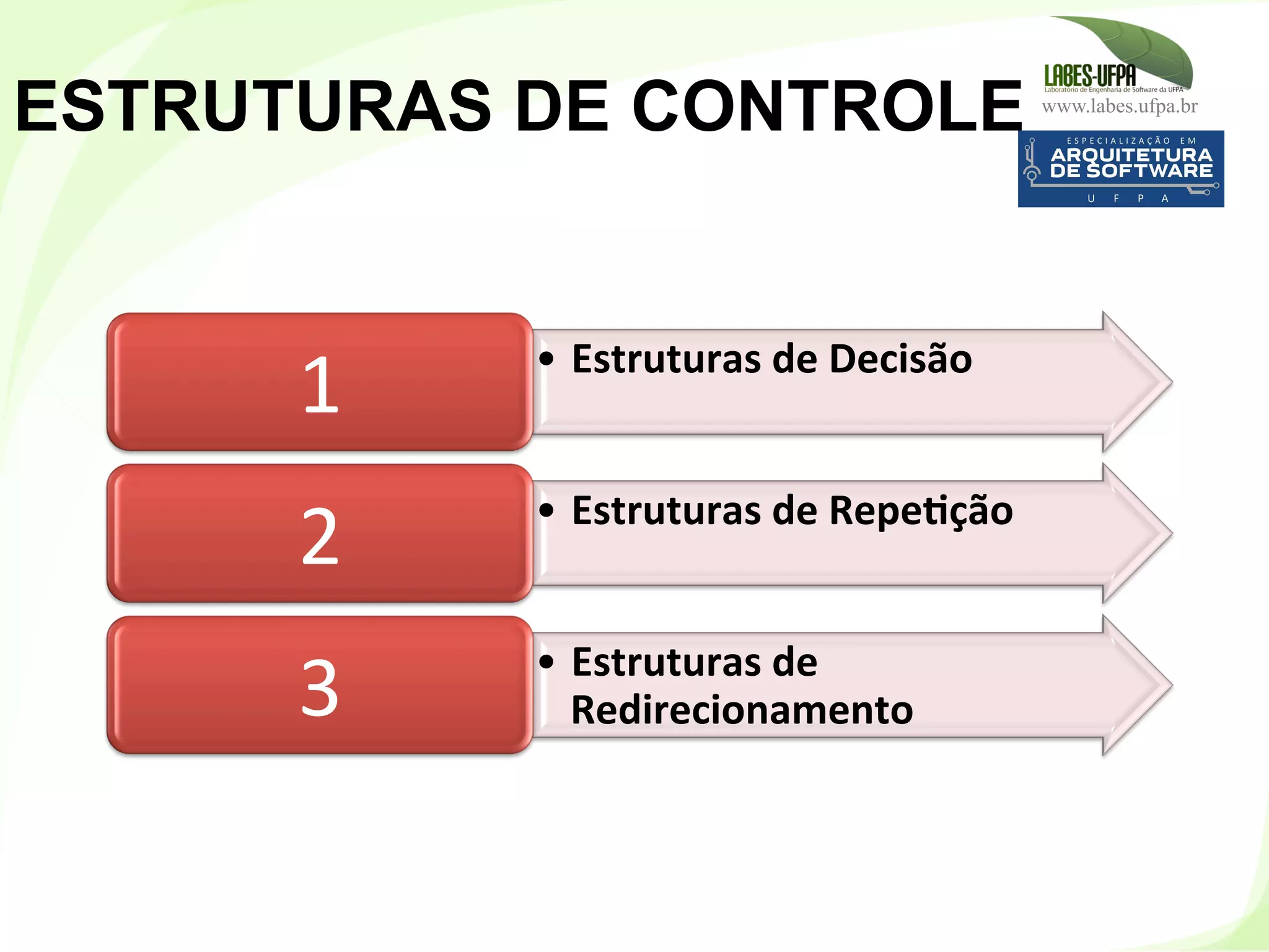 www.labes.ufpa.br
124
ESTRUTURAS DE CONTROLE
•  Estruturas	
  de	
  Decisão	
  
1	
  
•  Estruturas	
  de	
  RepeHção	
  
2	
  
•  Estruturas	
  de	
  
Redirecionamento	
  3	
  
 
