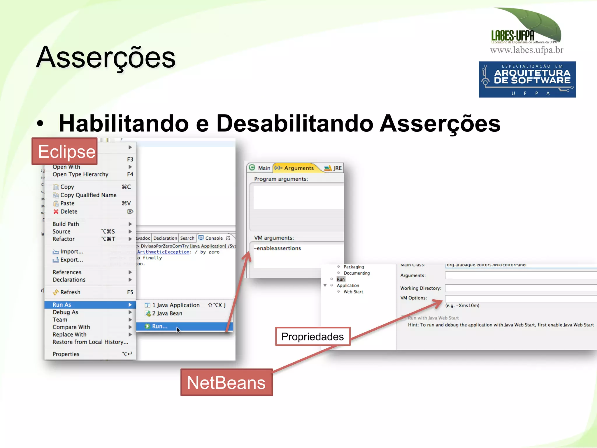 www.labes.ufpa.br
162
•  Habilitando e Desabilitando Asserções
Asserções
Eclipse
NetBeans
Propriedades
 