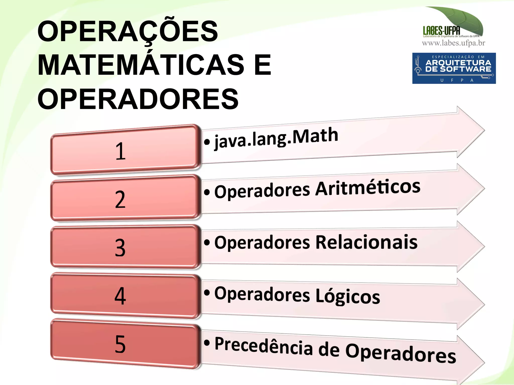 www.labes.ufpa.br
166
OPERAÇÕES
MATEMÁTICAS E
OPERADORES
 