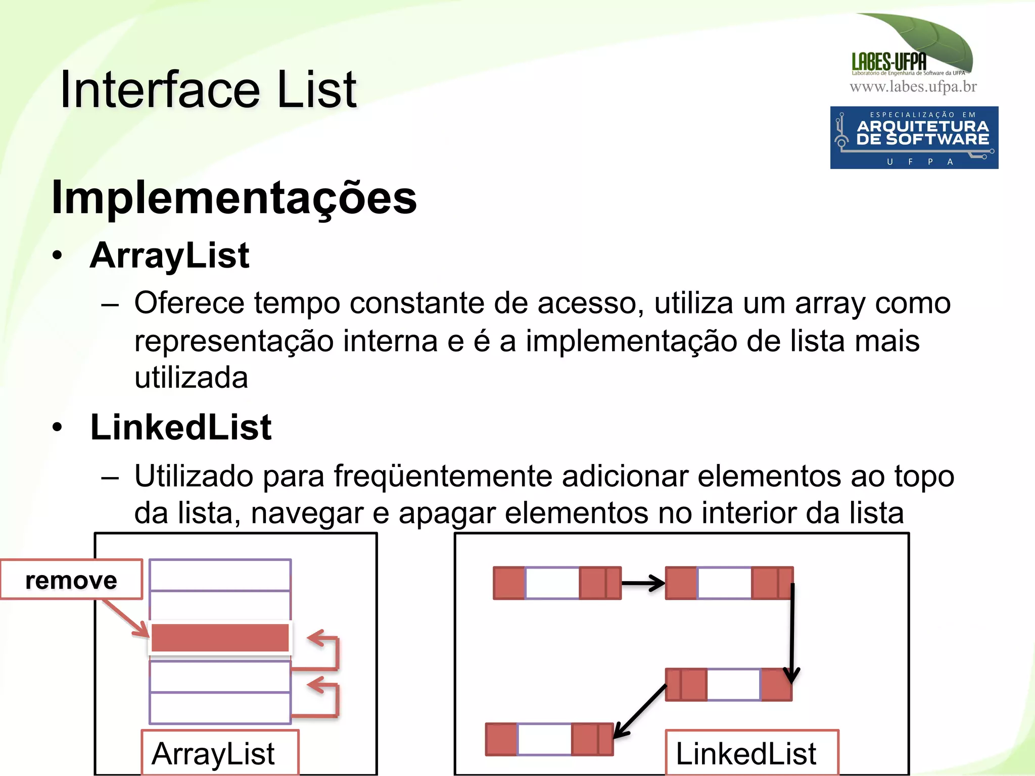 www.labes.ufpa.br
204
Implementações
•  ArrayList
–  Oferece tempo constante de acesso, utiliza um array como
representação interna e é a implementação de lista mais
utilizada
•  LinkedList
–  Utilizado para freqüentemente adicionar elementos ao topo
da lista, navegar e apagar elementos no interior da lista
Interface List
ArrayList
remove
LinkedList
 