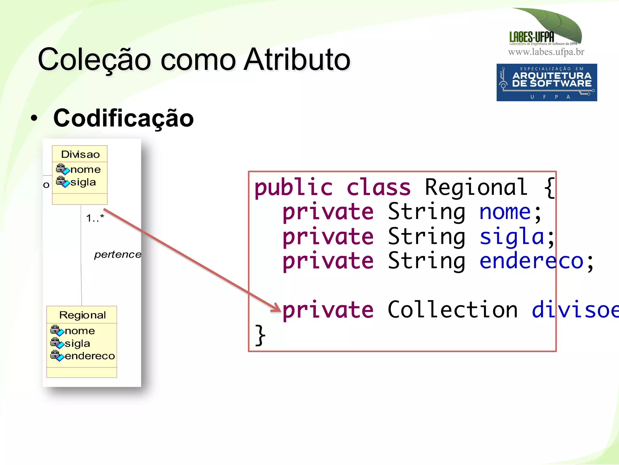 www.labes.ufpa.br
207
•  Codificação
Coleção como Atributo
public class Regional {
private String nome;
private String sigla;
private String endereco;
 
private Collection divisoe
}
 