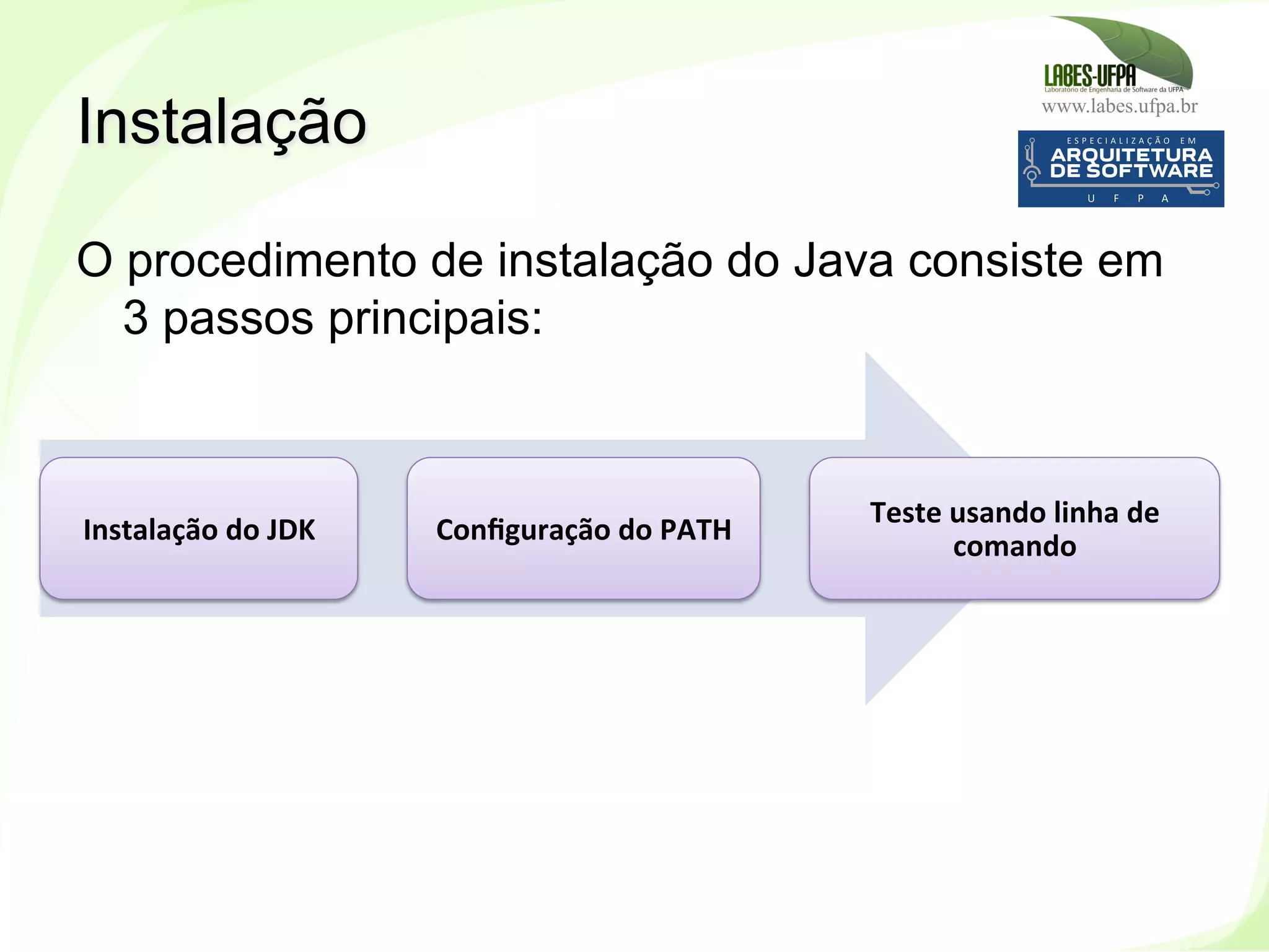 www.labes.ufpa.br
24
O procedimento de instalação do Java consiste em
3 passos principais:
Instalação
Instalação	
  do	
  JDK	
   Conﬁguração	
  do	
  PATH	
  
Teste	
  usando	
  linha	
  de	
  
comando	
  
 