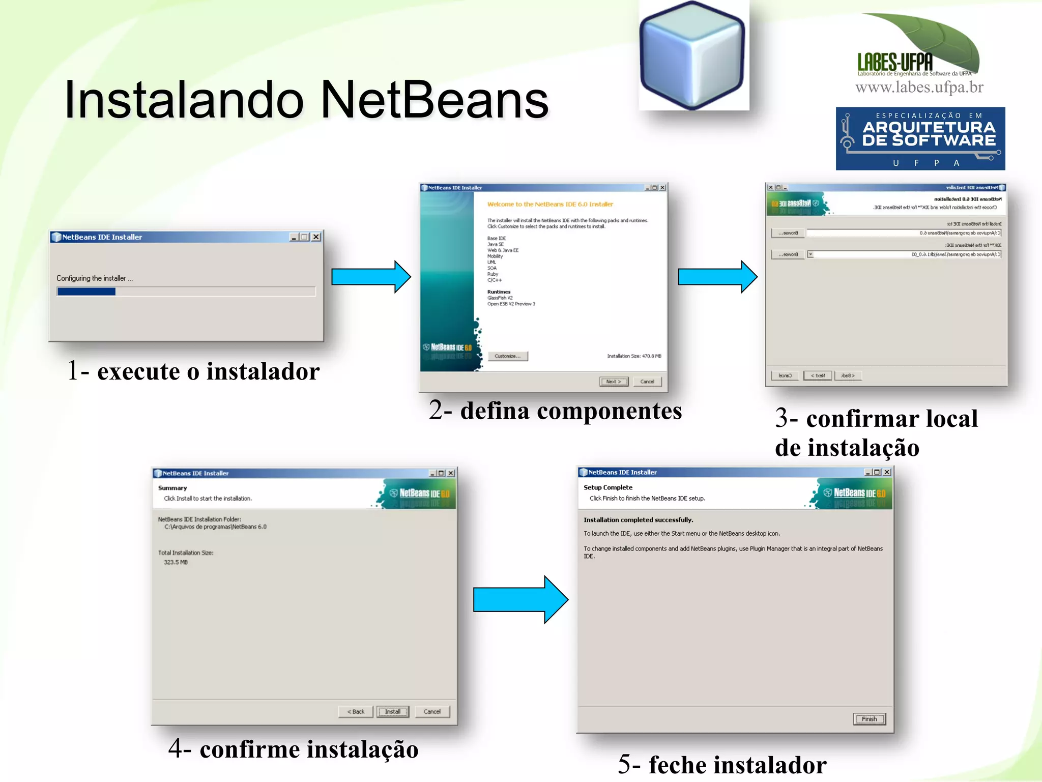 www.labes.ufpa.br
44
Instalando NetBeans
1- execute o instalador
2- defina componentes
4- confirme instalação
3- confirmar local
de instalação
5- feche instalador
 