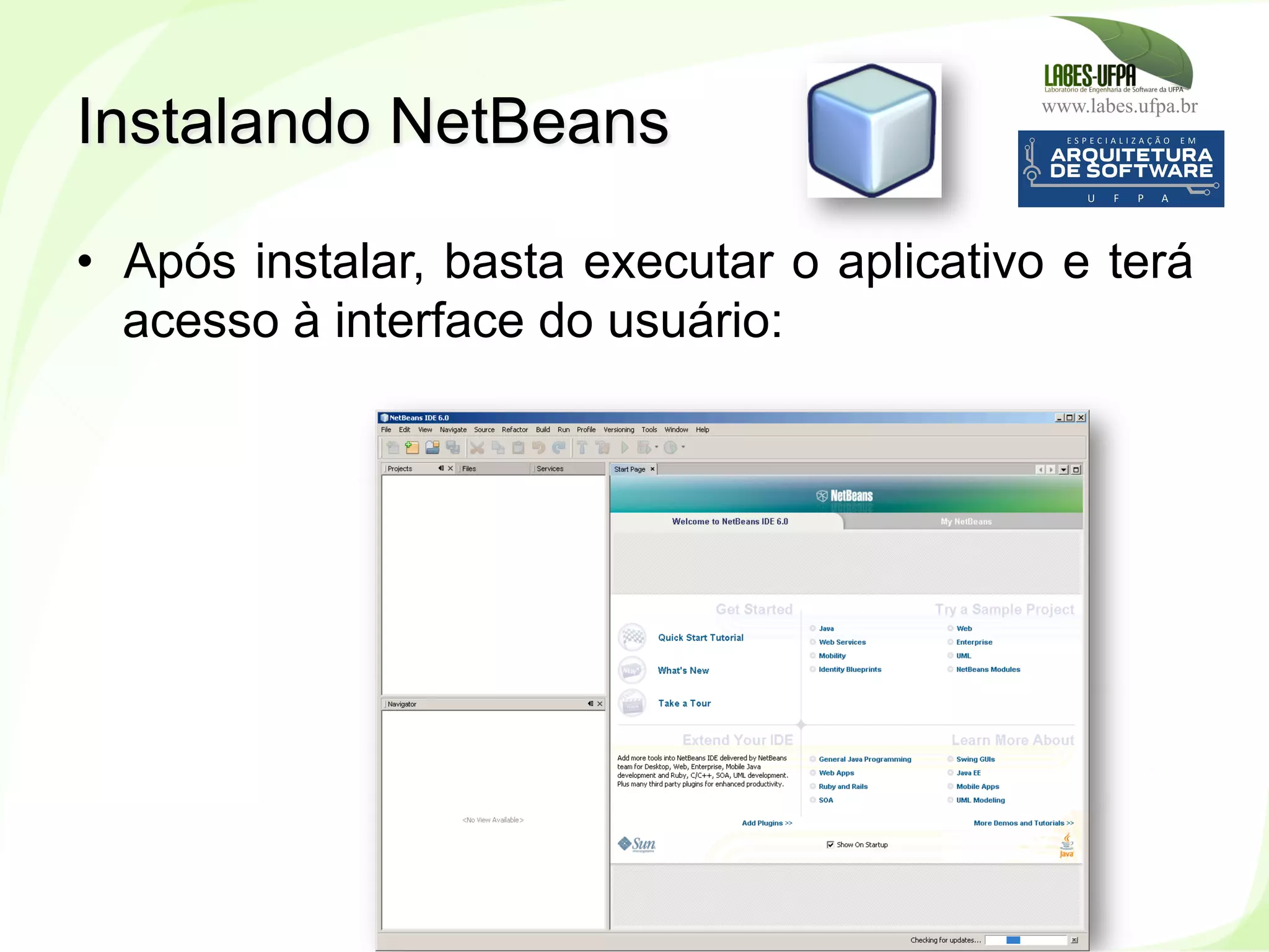 www.labes.ufpa.br
45
•  Após instalar, basta executar o aplicativo e terá
acesso à interface do usuário:
Instalando NetBeans
 