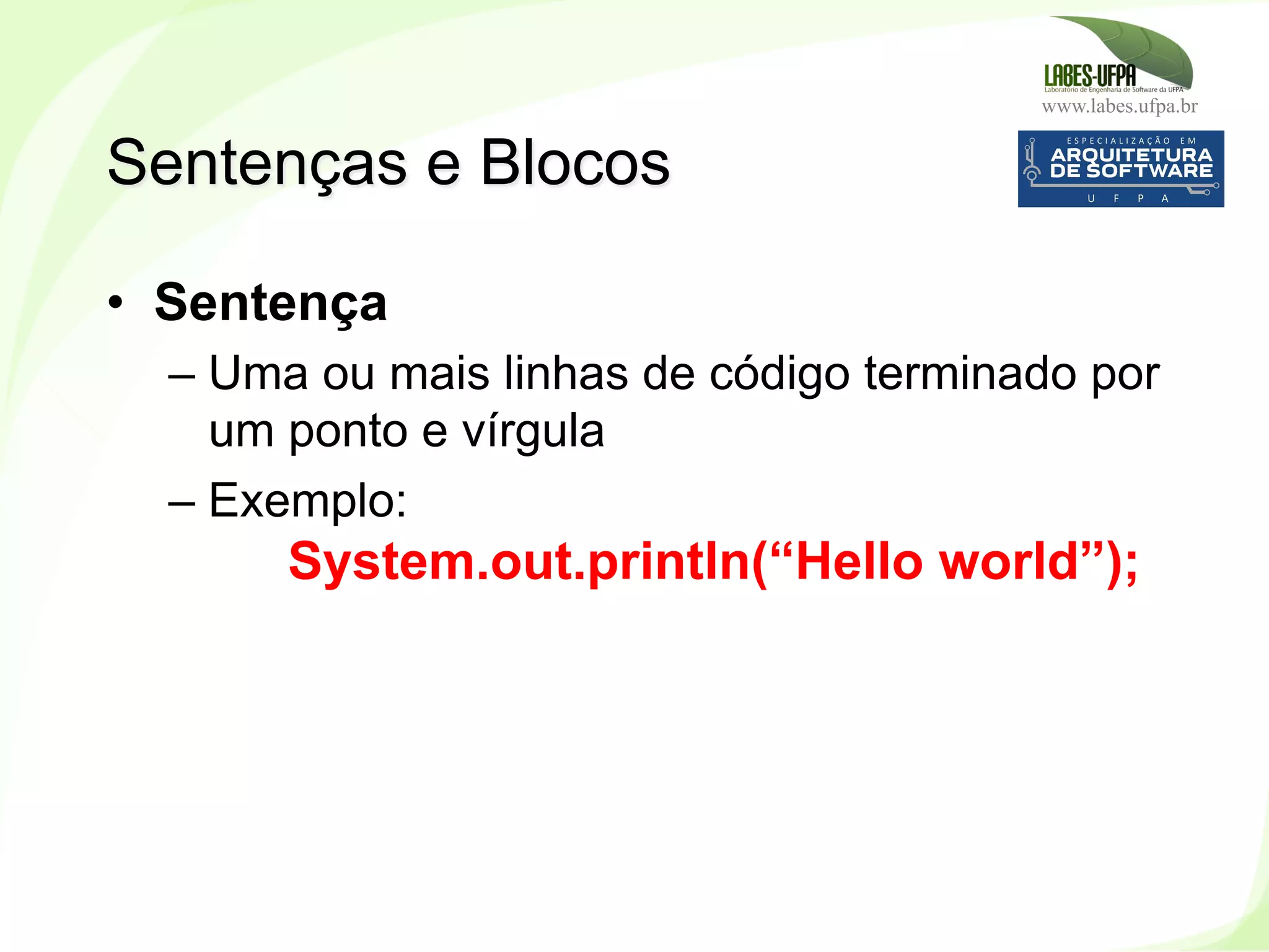 www.labes.ufpa.br
50
•  Sentença
– Uma ou mais linhas de código terminado por
um ponto e vírgula
– Exemplo:
System.out.println(“Hello world”);
Sentenças e Blocos
 
