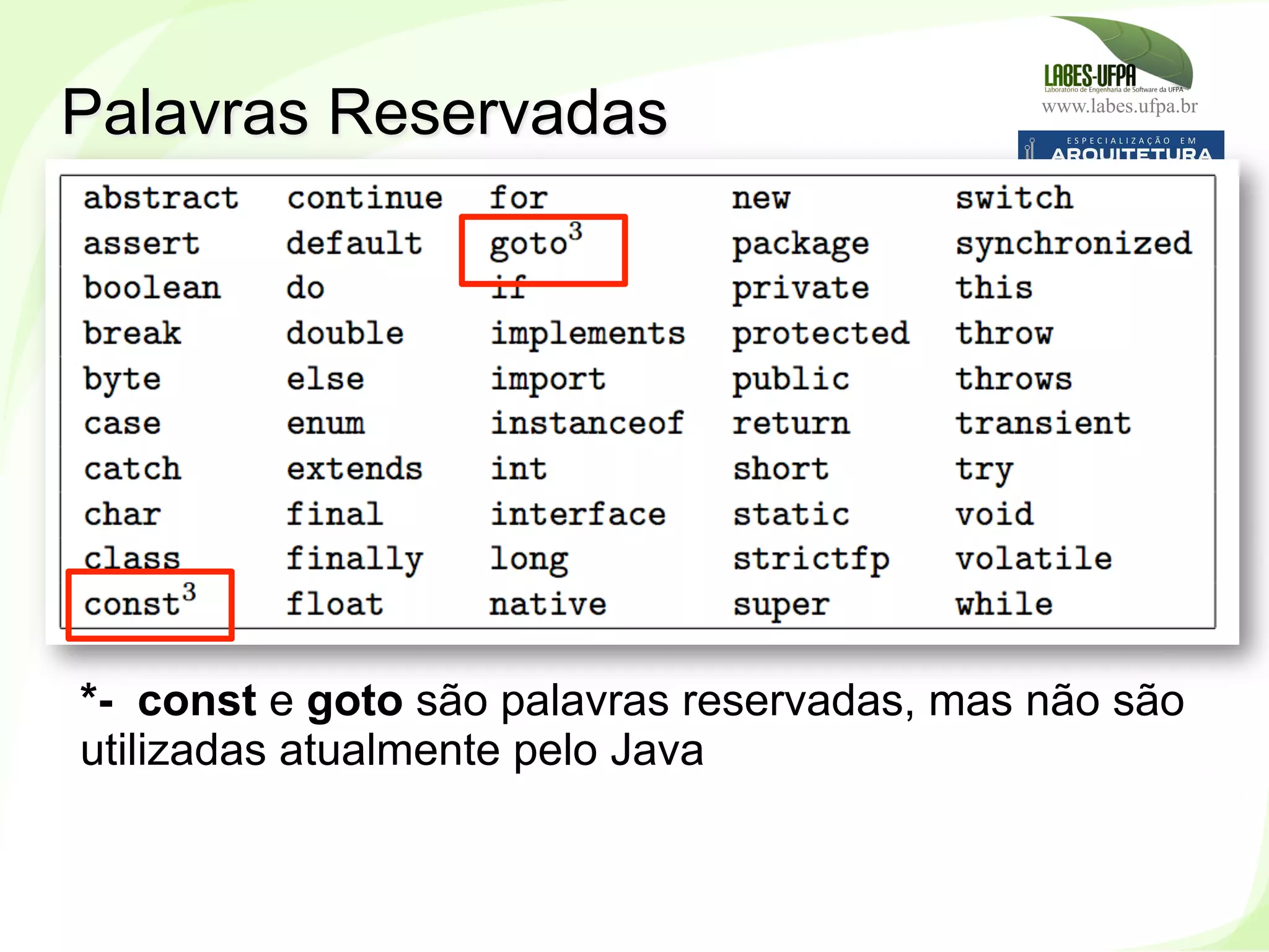www.labes.ufpa.br
58
Palavras Reservadas
*- const e goto são palavras reservadas, mas não são
utilizadas atualmente pelo Java
 