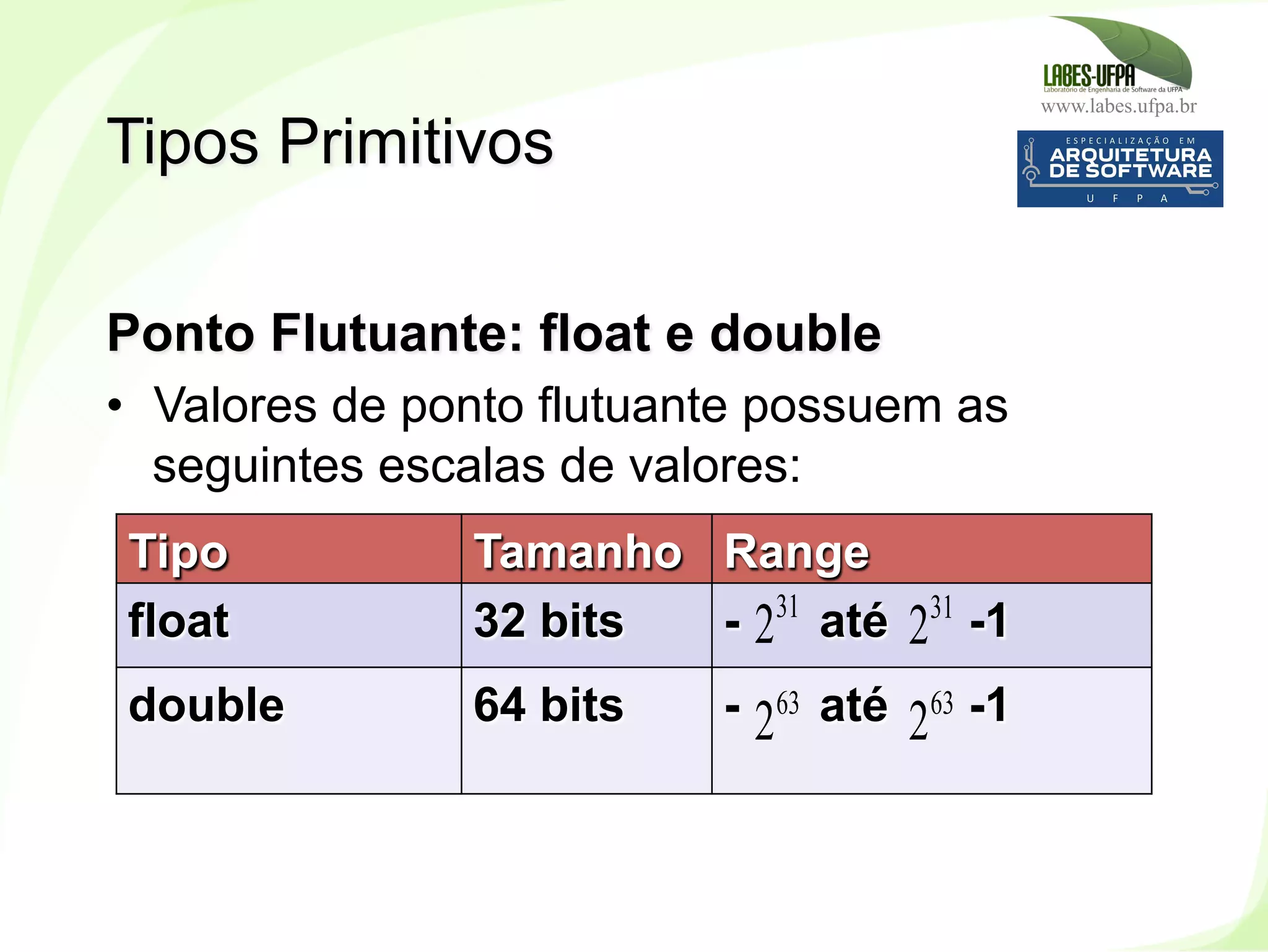 www.labes.ufpa.br
78
Ponto Flutuante: float e double
•  Valores de ponto flutuante possuem as
seguintes escalas de valores:
Tipos Primitivos
Tipo Tamanho Range
float 32 bits - até -1
double 64 bits - até -1
31
2
63
2
31
2
63
2
 