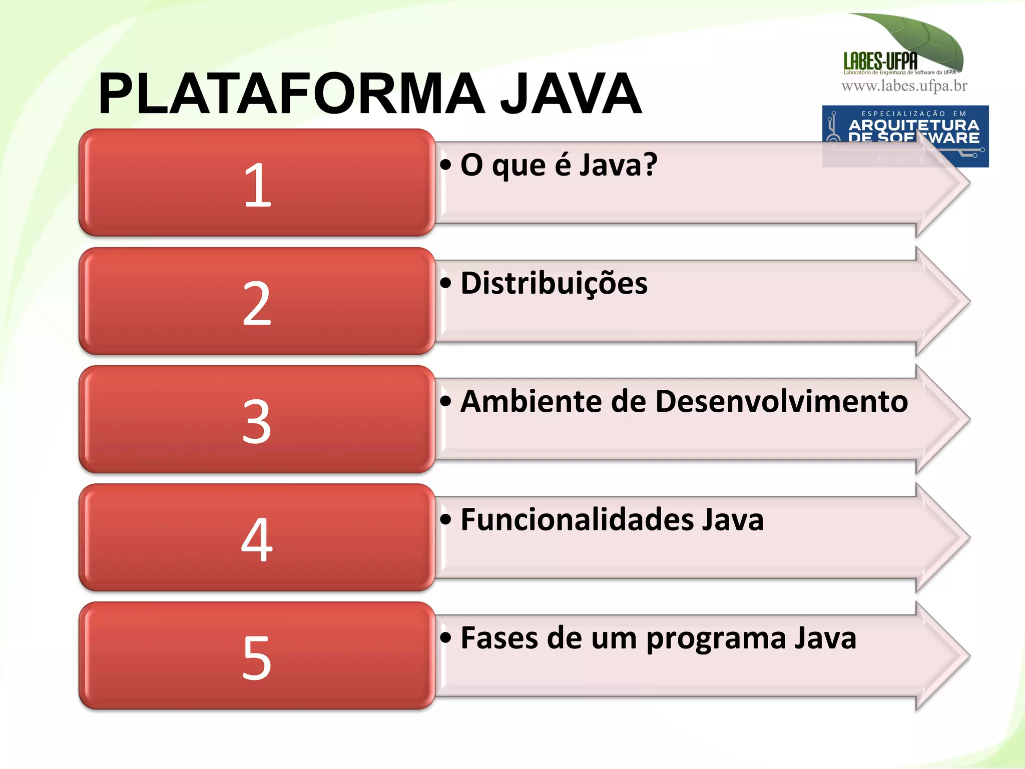 www.labes.ufpa.br
9
PLATAFORMA JAVA
• O	
  que	
  é	
  Java?	
  
1	
  
• Distribuições	
  
2	
  
• Ambiente	
  de	
  Desenvolvimento	
  
3	
  
• Funcionalidades	
  Java	
  
4	
  
• Fases	
  de	
  um	
  programa	
  Java	
  
5	
  
 