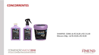 SHAMPOO 250ML de R$ 26,00 a R$ $ 31,90
Máscara 230g – de R$ 29,00 a R$ 34,90
CONCORRENTES
 