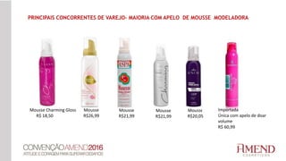 PRINCIPAIS CONCORRENTES DE VAREJO- MAIORIA COM APELO DE MOUSSE MODELADORA
Mousse Charming Gloss
R$ 18,50
Mousse
R$26,99
Mousse
R$21,99
Mousse
R$21,99
Mousse
R$20,05
Importada
Única com apelo de doar
volume
R$ 60,99
 