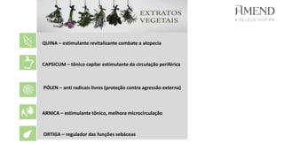 QUINA – estimulante revitalizante combate a alopecia
CAPSICUM – tônico capilar estimulante da circulação periférica
PÓLEN – anti radicais livres (proteção contra agressão externa)
ARNICA – estimulante tônico, melhora microcirculação
ORTIGA – regulador das funções sebáceas
 