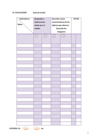 7
VI. EVALUACIÓN: Lista de Cotejo
LEYENDA: SI: no
Indicadores
Niños
Responde a
indicaciones
dadas por el
adulto.
Describe varias
características de los
objetos que observa.
Describe las
imágenes
TOTAL
 