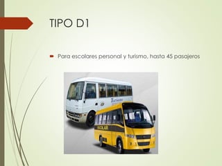TIPO D1
 Para escolares personal y turismo, hasta 45 pasajeros
 