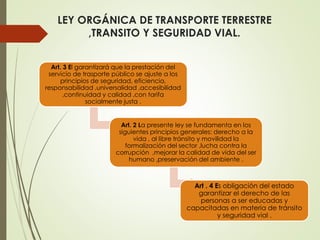 LEY ORGÁNICA DE TRANSPORTE TERRESTRE
,TRANSITO Y SEGURIDAD VIAL.
Art. 3 El garantizará que la prestación del
servicio de trasporte público se ajuste a los
principios de seguridad, eficiencia,
responsabilidad ,universalidad ,accesibilidad
,continuidad y calidad ,con tarifa
socialmente justa .
Art. 2 La presente ley se fundamenta en los
siguientes principios generales: derecho a la
vida , al libre tránsito y movilidad la
formalización del sector ,lucha contra la
corrupción ,mejorar la calidad de vida del ser
humano ,preservación del ambiente .
Art . 4 Es obligación del estado
garantizar el derecho de las
personas a ser educadas y
capacitadas en materia de tránsito
y seguridad vial .
 