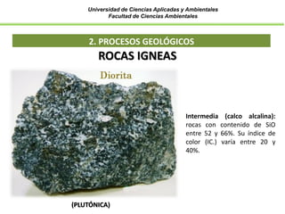 Universidad de Ciencias Aplicadas y Ambientales
Facultad de Ciencias Ambientales
2. PROCESOS GEOLÓGICOS
ROCAS IGNEAS
Intermedia (calco alcalina):
rocas con contenido de SiO
entre 52 y 66%. Su índice de
color (IC.) varía entre 20 y
40%.
(PLUTÓNICA)
 