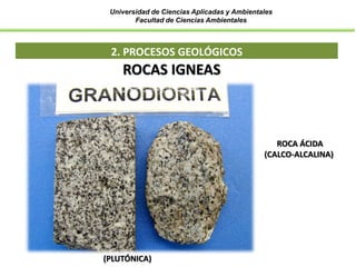 Universidad de Ciencias Aplicadas y Ambientales
Facultad de Ciencias Ambientales
2. PROCESOS GEOLÓGICOS
ROCAS IGNEAS
(PLUTÓNICA)
ROCA ÁCIDA
(CALCO-ALCALINA)
 