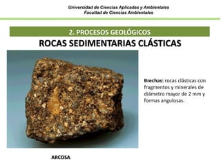 Universidad de Ciencias Aplicadas y Ambientales
Facultad de Ciencias Ambientales
2. PROCESOS GEOLÓGICOS
ARCOSA
ROCAS SEDIMENTARIAS CLÁSTICAS
Brechas: rocas clásticas con
fragmentos y minerales de
diámetro mayor de 2 mm y
formas angulosas.
 
