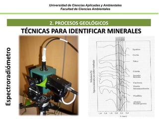 Universidad de Ciencias Aplicadas y Ambientales
Facultad de Ciencias Ambientales
2. PROCESOS GEOLÓGICOS
TÉCNICAS PARA IDENTIFICAR MINERALES
 