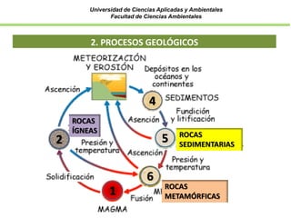 Universidad de Ciencias Aplicadas y Ambientales
Facultad de Ciencias Ambientales
2. PROCESOS GEOLÓGICOS
2
4
5
6
1
ROCAS
ÍGNEAS
ROCAS
SEDIMENTARIAS
ROCAS
METAMÓRFICAS
 
