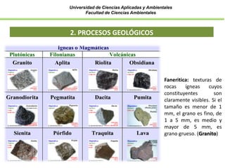 Universidad de Ciencias Aplicadas y Ambientales
Facultad de Ciencias Ambientales
2. PROCESOS GEOLÓGICOS
Faneritica: texturas de
rocas ígneas cuyos
constituyentes son
claramente visibles. Si el
tamaño es menor de 1
mm, el grano es fino, de
1 a 5 mm, es medio y
mayor de 5 mm, es
grano grueso. (Granito)
 