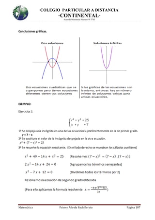 COLEGIO PARTICULAR A DISTANCIA
“CONTINENTAL”
Acuerdo Ministerial Numero Nº 3701
Matemática Primer Año de Bachillerato Página 107
Conclusiones gráficas.
EJEMPLO:
Ejercicios 1
1º Se despeja una incógnita en una de las ecuaciones, preferentemente en la de primer grado.
y = 7 − x
2º Se sustituye el valor de la incógnita despejada en la otra ecuación.
3º Se resuelve la ecuación resultante. (En el lado derecho se muestran los cálculos auxiliares)
 