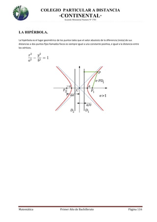 COLEGIO PARTICULAR A DISTANCIA
“CONTINENTAL”
Acuerdo Ministerial Numero Nº 3701
Matemática Primer Año de Bachillerato Página 116
LA HIPÉRBOLA.
La hipérbola es el lugar geométrico de los puntos tales que el valor absoluto de la diferencia (resta) de sus
distancias a dos puntos fijos llamados focos es siempre igual a una constante positiva, e igual a la distancia entre
los vértices.
 