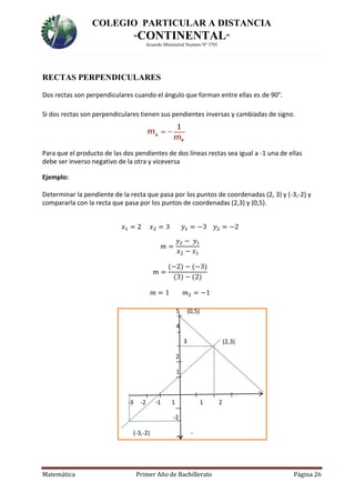 COLEGIO PARTICULAR A DISTANCIA
“CONTINENTAL”
Acuerdo Ministerial Numero Nº 3701
Matemática Primer Año de Bachillerato Página 26
RECTAS PERPENDICULARES
Dos rectas son perpendiculares cuando el ángulo que forman entre ellas es de 90°.
Si dos rectas son perpendiculares tienen sus pendientes inversas y cambiadas de signo.
Para que el producto de las dos pendientes de dos líneas rectas sea igual a -1 una de ellas
debe ser inverso negativo de la otra y viceversa
Ejemplo:
Determinar la pendiente de la recta que pasa por los puntos de coordenadas (2, 3) y (-3,-2) y
compararla con la recta que pasa por los puntos de coordenadas (2,3) y (0,5).
𝑥1 = 2 𝑥2 = 3 𝑦1 = −3 𝑦2 = −2
𝑚 =
𝑦2 − 𝑦1
𝑥2 − 𝑥1
𝑚 =
(−2) − (−3)
(3) − (2)
𝑚 = 1 𝑚2 = −1
5 (0,5)
4
3 (2,3)
2
1
-3 -2 -1 1 1 2
-2
(-3,-2) -
 