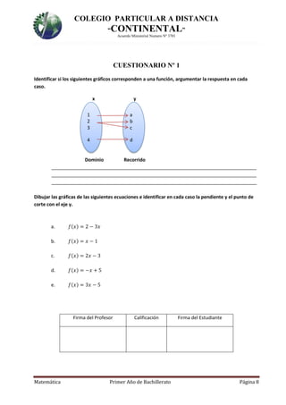 COLEGIO PARTICULAR A DISTANCIA
“CONTINENTAL”
Acuerdo Ministerial Numero Nº 3701
Matemática Primer Año de Bachillerato Página 8
CUESTIONARIO Nº 1
Identificar si los siguientes gráficos corresponden a una función, argumentar la respuesta en cada
caso.
x y
Dominio Recorrido
______________________________________________________________________________
______________________________________________________________________________
______________________________________________________________________________
Dibujar las gráficas de las siguientes ecuaciones e identificar en cada caso la pendiente y el punto de
corte con el eje y.
a. 𝑓(𝑥) = 2 − 3𝑥
b. 𝑓(𝑥) = 𝑥 − 1
c. 𝑓(𝑥) = 2𝑥 − 3
d. 𝑓(𝑥) = −𝑥 + 5
e. 𝑓(𝑥) = 3𝑥 − 5
Firma del Profesor Calificación Firma del Estudiante
1
2
3
4
a
b
c
d
 