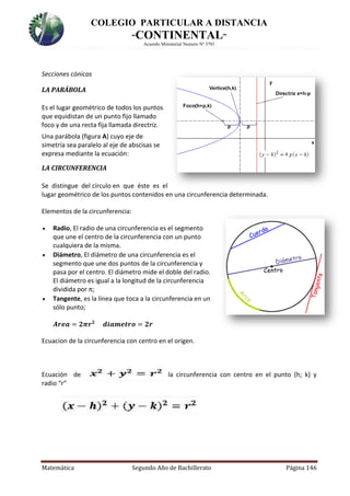 COLEGIO PARTICULAR A DISTANCIA
“CONTINENTAL”
Acuerdo Ministerial Numero Nº 3701
Matemática Segundo Año de Bachillerato Página 146
Secciones cónicas
LA PARÁBOLA
Es el lugar geométrico de todos los puntos
que equidistan de un punto fijo llamado
foco y de una recta fija llamada directriz.
Una parábola (figura A) cuyo eje de
simetría sea paralelo al eje de abscisas se
expresa mediante la ecuación:
LA CIRCUNFERENCIA
Se distingue del círculo en que éste es el
lugar geométrico de los puntos contenidos en una circunferencia determinada.
Elementos de la circunferencia:
 Radio, El radio de una circunferencia es el segmento
que une el centro de la circunferencia con un punto
cualquiera de la misma.
 Diámetro, El diámetro de una circunferencia es el
segmento que une dos puntos de la circunferencia y
pasa por el centro. El diámetro mide el doble del radio.
El diámetro es igual a la longitud de la circunferencia
dividida por π;
 Tangente, es la línea que toca a la circunferencia en un
sólo punto;
𝑨𝒓𝒆𝒂 = 𝟐𝝅𝒓 𝟐
𝒅𝒊𝒂𝒎𝒆𝒕𝒓𝒐 = 𝟐𝒓
Ecuacion de la circunferencia con centro en el origen.
Ecuación de la circunferencia con centro en el punto (h; k) y
radio “r”
 