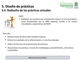 5. Diseño de prácticas
5.4. Rediseño de las prácticas actuales
                    Logro
                     Rediseñar las practicas que actualmente existen en la Universidad y
                       serán incorporadas por la UBM asignada, acorde a las nuevas
                       necesidades y expectativas del MOP.



 Para ello,
    Realizar lluvias de ideas sobre posibles mejoras.
    Utilizar los resultados de la referenciación, si ésta fue realizada .

    Utilizar las técnicas de mejoramiento de procesos.
    Documentar las prácticas a través de metodologías, procedimientos, instructivos
     y protocolos


                                 Memoria Documental
 