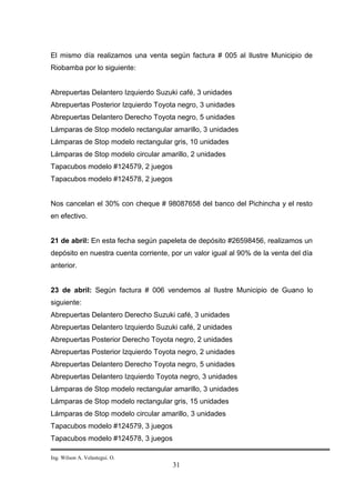 El mismo día realizamos una venta según factura # 005 al Ilustre Municipio de
Riobamba por lo siguiente:


Abrepuertas Delantero Izquierdo Suzuki café, 3 unidades
Abrepuertas Posterior Izquierdo Toyota negro, 3 unidades
Abrepuertas Delantero Derecho Toyota negro, 5 unidades
Lámparas de Stop modelo rectangular amarillo, 3 unidades
Lámparas de Stop modelo rectangular gris, 10 unidades
Lámparas de Stop modelo circular amarillo, 2 unidades
Tapacubos modelo #124579, 2 juegos
Tapacubos modelo #124578, 2 juegos


Nos cancelan el 30% con cheque # 98087658 del banco del Pichincha y el resto
en efectivo.


21 de abril: En esta fecha según papeleta de depósito #26598456, realizamos un
depósito en nuestra cuenta corriente, por un valor igual al 90% de la venta del día
anterior.


23 de abril: Según factura # 006 vendemos al Ilustre Municipio de Guano lo
siguiente:
Abrepuertas Delantero Derecho Suzuki café, 3 unidades
Abrepuertas Delantero Izquierdo Suzuki café, 2 unidades
Abrepuertas Posterior Derecho Toyota negro, 2 unidades
Abrepuertas Posterior Izquierdo Toyota negro, 2 unidades
Abrepuertas Delantero Derecho Toyota negro, 5 unidades
Abrepuertas Delantero Izquierdo Toyota negro, 3 unidades
Lámparas de Stop modelo rectangular amarillo, 3 unidades
Lámparas de Stop modelo rectangular gris, 15 unidades
Lámparas de Stop modelo circular amarillo, 3 unidades
Tapacubos modelo #124579, 3 juegos
Tapacubos modelo #124578, 3 juegos

Ing. Wilson A. Velastegui. O.
                                      31
 