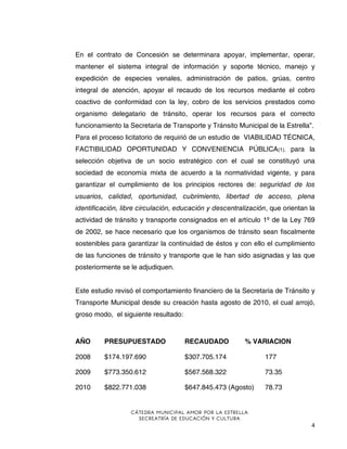 En el contrato de Concesión se determinara apoyar, implementar, operar,
mantener el sistema integral de información y soporte técnico, manejo y
expedición de especies venales, administración de patios, grúas, centro
integral de atención, apoyar el recaudo de los recursos mediante el cobro
coactivo de conformidad con la ley, cobro de los servicios prestados como
organismo delegatario de tránsito, operar los recursos para el correcto
funcionamiento la Secretaria de Transporte y Tránsito Municipal de la Estrella”.
Para el proceso licitatorio de requirió de un estudio de VIABILIDAD TÉCNICA,
FACTIBILIDAD OPORTUNIDAD Y CONVENIENCIA PÚBLICA(1), para la
selección objetiva de un socio estratégico con el cual se constituyó una
sociedad de economía mixta de acuerdo a la normatividad vigente, y para
garantizar el cumplimiento de los principios rectores de: seguridad de los
usuarios, calidad, oportunidad, cubrimiento, libertad de acceso, plena
identificación, libre circulación, educación y descentralización, que orientan la
actividad de tránsito y transporte consignados en el artículo 1º de la Ley 769
de 2002, se hace necesario que los organismos de tránsito sean fiscalmente
sostenibles para garantizar la continuidad de éstos y con ello el cumplimiento
de las funciones de tránsito y transporte que le han sido asignadas y las que
posteriormente se le adjudiquen.
Este estudio revisó el comportamiento financiero de la Secretaria de Tránsito y
Transporte Municipal desde su creación hasta agosto de 2010, el cual arrojó,
groso modo, el siguiente resultado:

AÑO

PRESUPUESTADO

RECAUDADO

% VARIACION

2008

$174.197.690

$307.705.174

177

2009

$773.350.612

$567.568.322

73.35

2010

$822.771.038

$647.845.473 (Agosto)

78.73

CÁTEDRA MUNICIPAL AMOR POR LA ESTRELLA
SECREATRÍA DE EDUCACIÓN Y CULTURA

4

 