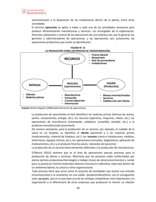 28
automatización y la disposición de las instalaciones dentro de la planta, entre otras
actividades.
El termino operación se aplica a todas y cada una de las actividades necesarias para
producir eficientemente manufacturas y servicios. Los encargados de la organización,
dirección, planeación y control de las operaciones de una empresa son, por lo general, los
gerentes o administradores de operaciones, y las operaciones son, justamente, las
operaciones productivas que recién se identificaron.
FIGURA N° 15
LA PRODUCCIÓN COMO UN PROCESO DE TRANSFORMACIÓN.
Fuente: Muñoz Negrón (2009) Administración de operaciones.
La producción de automóviles es fácil identificar las materias primas (láminas de aceros,
partes, componentes, energía, etc.), los recursos (operarios, maquinas, robots, etc.), las
operaciones de manufactura (estampado, soldadura, ensamble, pintado, etc.) y el
producto manufacturado (automóvil).
De manera semejante, para la producción de un servicio, por ejemplo, el cuidado de la
salud en un hospital, se identifica al cliente (paciente) y a las materias primas
(medicamentos, material de limpieza, etc.), los recursos (cama e instalaciones, médicos,
enfermeras, equipos clínicos, etc.), las operaciones (consultas, diagnósticos, aplicación de
medicamentos, etc.) y al producto final (la salud y bienestar del paciente).
La producción de un servicio tiene elementos diferentes a la producción de manufacturas.
D’Alessio (2012) sostiene que es el área de operaciones ejecuta procesos para la
producción de bienes y servicios. Menciona que los procesos están conformados por
planta (activos productivos/tecnología) y trabajo (mano de obra/conocimientos) y recibe
para su puesta en marcha materiales directos (insumos) e indirectos, todo esto dentro de
un ambiente laboral, la cultura y clima organizacional.
Todo proceso tiene que verse como el conjunto de actividades que toman una entrada
(insumos/costo) y la convierten en una salida (producto/beneficio), con el consiguiente
valor agregado, que es lo que dará una de las ventajas competitivas más importantes a la
organización y la diferenciará de otras empresas que produzcan lo mismo. La relación
 