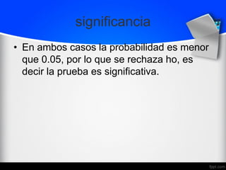 significancia
• En ambos casos la probabilidad es menor
que 0.05, por lo que se rechaza ho, es
decir la prueba es significativa.
 