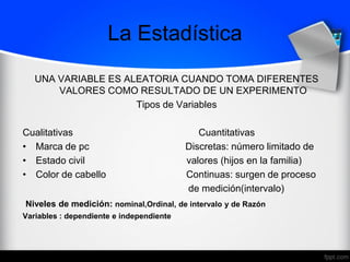 La Estadística
UNA VARIABLE ES ALEATORIA CUANDO TOMA DIFERENTES
VALORES COMO RESULTADO DE UN EXPERIMENTO
Tipos de Variables
Cualitativas Cuantitativas
• Marca de pc Discretas: número limitado de
• Estado civil valores (hijos en la familia)
• Color de cabello Continuas: surgen de proceso
de medición(intervalo)
Niveles de medición: nominal,Ordinal, de intervalo y de Razón
Variables : dependiente e independiente
 