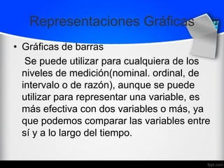 Representaciones Gráficas
• Gráficas de barras
Se puede utilizar para cualquiera de los
niveles de medición(nominal. ordinal, de
intervalo o de razón), aunque se puede
utilizar para representar una variable, es
más efectiva con dos variables o más, ya
que podemos comparar las variables entre
sí y a lo largo del tiempo.
 