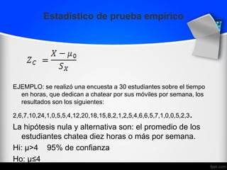 Estadístico de prueba empírico
EJEMPLO: se realizó una encuesta a 30 estudiantes sobre el tiempo
en horas, que dedican a chatear por sus móviles por semana, los
resultados son los siguientes:
2,6,7,10,24,1,0,5,5,4,12,20,18,15,8,2,1,2,5,4,6,6,5,7,1,0,0,5,2,3.
La hipótesis nula y alternativa son: el promedio de los
estudiantes chatea diez horas o más por semana.
Hi: µ>4 95% de confianza
Ho: µ≤4
 