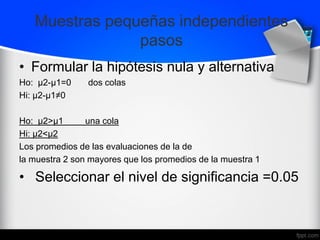 Muestras pequeñas independientes
pasos
• Formular la hipótesis nula y alternativa
Ho: μ2-μ1=0 dos colas
Hi: μ2-μ1≠0
Ho: μ2>μ1 una cola
Hi: μ2<μ2
Los promedios de las evaluaciones de la de
la muestra 2 son mayores que los promedios de la muestra 1
• Seleccionar el nivel de significancia =0.05
 