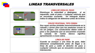 LÍNEA DE CEDA EL PASO
Disminuya la velocidad y deténgase si es
requerido; ceda el paso a cualquier vehículo que
se encuentre cruzando. Un triángulo blanco
indica la obligación de detenerse antes de la línea.
CRUCE PEATONAL TIPO CEBRA
Son rayas anchas pintadas transversalmente en la
calzada y sirven para que los peatones crucen la
vía sin peligro. Los conductores deben ceder el
paso a los peatones que se encuentren cruzando
la calzada. Un rombo blanco significa
aproximación a cruce cebra.
LÍNEA DE PARE
Cuando se acerque a una línea de pare, debe
detenerse completamente antes de llegar a la
línea de pare y ceder el derecho de paso a
cualquier vehículo que se encuentre cruzando la
intersección.
LINEAS TRANSVERSALES
 