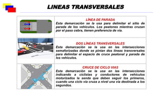 LÍNEA DE PARADA
Esta demarcación se la usa para delimitar el sitio de
parada de los vehículos. Los peatones mientras cruzan
por el paso cebra, tienen preferencia de vía.
DOS LÍNEAS TRANSVERSALES
Esta demarcación se la usa en las intersecciones
semaforizadas donde se pintan dos líneas transversales
para delimitar el espacio de cruce peatonal y parada de
los vehículos.
CRUCE DE CICLO VIAS
Esta demarcación se la usa en las intersecciones
indicando a ciclistas y conductores de vehículos
motorizados la senda que deben seguir los primeros,
cuando una ciclo vía cruza a nivel una vía destinada a los
segundos.
LINEAS TRANSVERSALES
 