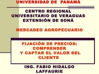 UNIVERSIDAD DE  PANAMÁ CENTRO REGIONAL UNIVERSITARIO DE VERAGUAS EXTENSIÓN DE SONÁ MERCADEO AGROPECUARIO FIJACIÓN DE PRECIOS: COMPRENDER Y CAPTAR EL VALOR DEL CLIENTE   ING. FABIO HIDALGO LAFFAURIE 2011 