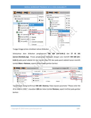 Copyright © 2019 www.iputuhariyadi.net 120
MODUL WORKSHOP PROXMOX VE 5.3 HIGH AVAILABILITY
Tunggu hingga proses shutdown selesai dilakukan.
Selanjutnya akan dilakukan penghapusan VM 100 (chr-6.44.1) dan CT ID 101
(server.itlombok.org). Proses penghapusan dilakukan dengan cara memilih VM 100 (chr-
6.44.1) pada panel sebelah kiri dari Server View PVE dan pada panel sebelah kanan memilih
tombol More > Remove, seperti terlihat pada gambar berikut:
Tampil kotak dialog konfirmasi VM 100 –Destroy. Pada inputan parameter “Please enter the
ID to confirm (100):”, masukkan 100 dan tekan tombol Remove, seperti terlihat pada gambar
berikut:
 