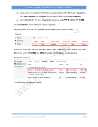 Copyright © 2019 www.iputuhariyadi.net 128
MODUL WORKSHOP PROXMOX VE 5.3 HIGH AVAILABILITY
f) Mode, untuk menentukan mode backup yang akan digunakan. Terdapat 3 (tiga) pilihan
yaitu stop, suspend dan snapshot. Secara default telah terpilih yaitu snapshot.
g) Seleksi atau tandai VM atau CT yang akan dibackup yaitu VM ID 100 dan CT ID 101.
Klik tombol Create untuk membuat backup terjadwal.
Hasil dari pembuatan backup terjadwal, terlihat seperti pada gambar berikut:
Sedangkan hasil dari backup terjadwal yang telah tereksekusi pada jadwal yang telah
ditentukan untuk VM ID 100 dan CT ID 101, seperti terlihat pada gambar berikut:
Terlihat file backup berhasil terbuat.
 