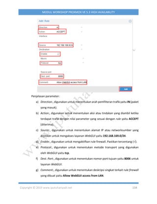 Copyright © 2019 www.iputuhariyadi.net 134
MODUL WORKSHOP PROXMOX VE 5.3 HIGH AVAILABILITY
Penjelasan parameter:
a) Direction:, digunakan untuk menentukan arah pemfilteran trafik yaitu IN (paket
yang masuk).
b) Action:, digunakan untuk menentukan aksi atau tindakan yang diambil ketika
terdapat trafik dengan nilai parameter yang sesuai dengan rule yaitu ACCEPT
(diterima).
c) Source:, digunakan untuk menentukan alamat IP atau networksumber yang
diijinkan untuk mengakses layanan WebGUI yaitu 192.168.169.0/24.
d) Enable:, digunakan untuk mengaktifkan rule firewall. Pastikan tercentang ().
e) Protocol:, digunakan untuk menentukan metode transport yang digunakan
oleh WebGUI yaitu tcp.
f) Dest. Port:, digunakan untuk menentukan nomor port tujuan yaitu 8006 untuk
layanan WebGUI.
g) Comment:, digunakan untuk menentukan deskripsi singkat terkait rule firewall
yang dibuat yaitu Allow WebGUI access from LAN.
 